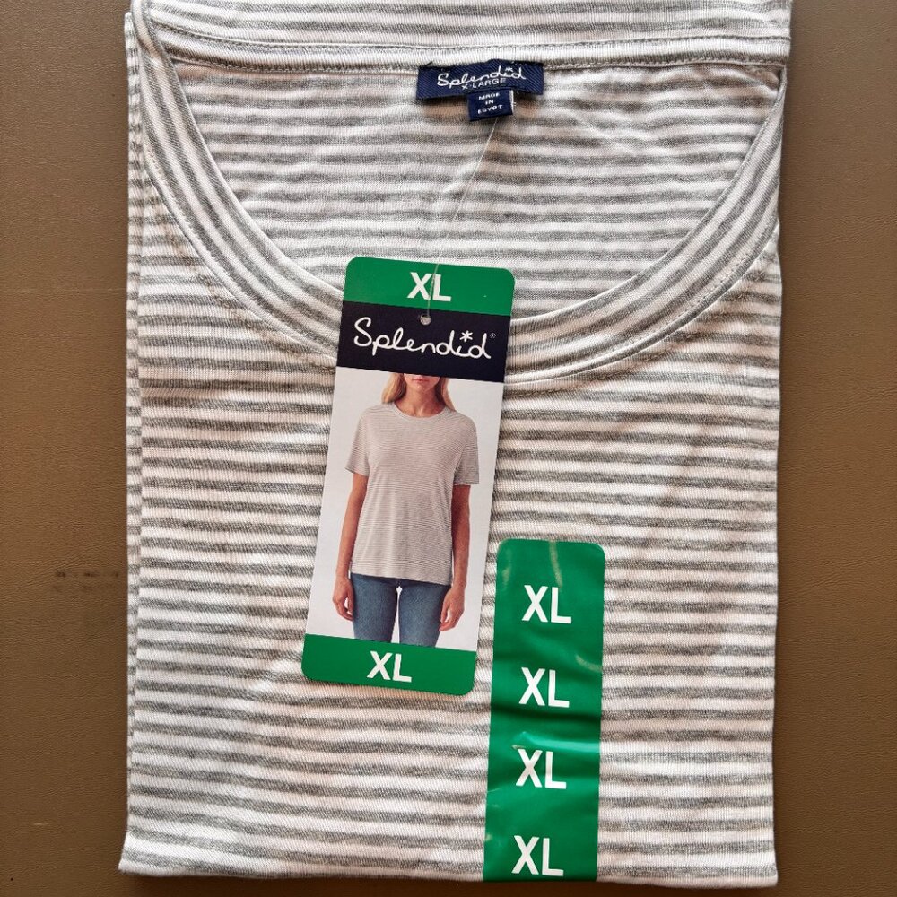 NEW Women's SPLENDID Short Sleeve Crew Neck Top Shirt Grey/White Striped sz XL